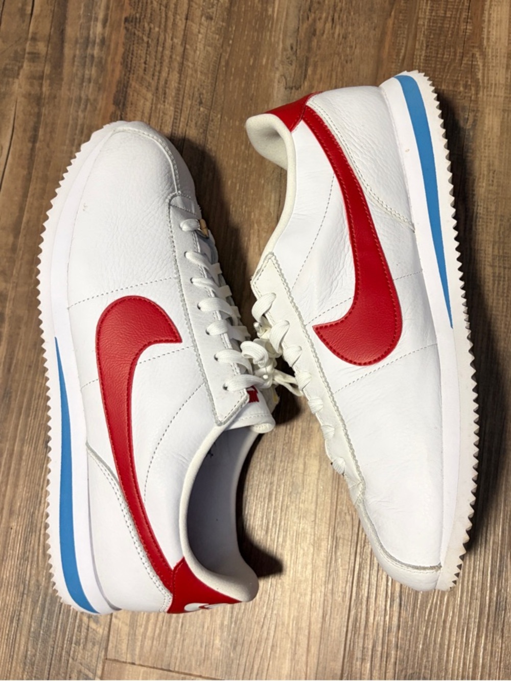 Nike White Sneakers with Red Swoosh and Blue Stripe